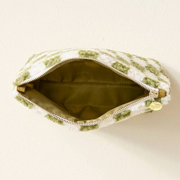 Sherpa Teddy Travel Cosmetic Pouch Check Green White - Picture 4 of 6